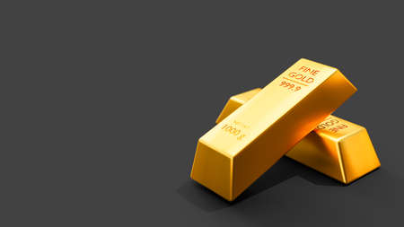 Close-up 3D animation view of fine gold bars on Black background.の写真素材
