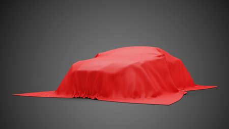 presentation car under red cloth on gray background. 3d renderingの写真素材