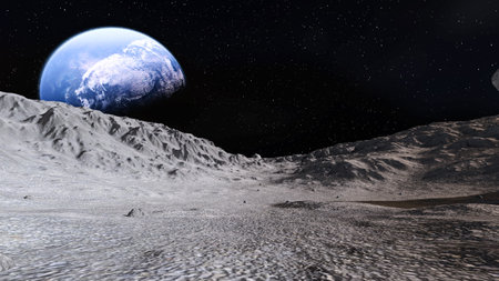 3d illustration. View of the planet Earth from the surface of the Moon.の写真素材