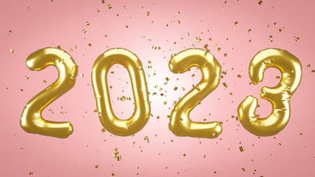 3d rendered. Golden balloons 2023 and golden particles. anniversary sign for newyear.