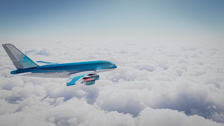 3D airplane with the clouds on blue background, top view. 3D Renderの写真素材