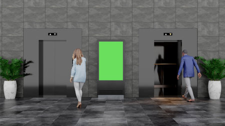 3D illustration. Mockup billboard and two elevators. Useful for your advertising. Panoramic 3D renderingの写真素材