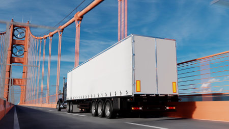 American style truck on freeway pulling load. Transportation theme. 3D illustration