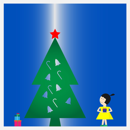 Yellow dress girl hold a gift box and look to chirstmas tree in happy new year eventのイラスト素材