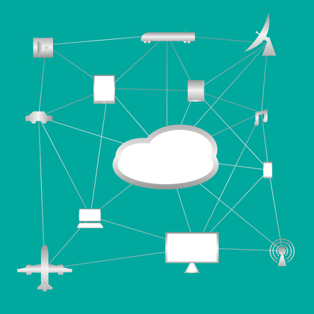 Cloud Technology with link to computer desktop, laptop, mobile phone, airplane, wi-fi, car, train, musicのイラスト素材