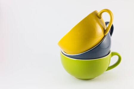 Three cups color of coffee  on white background.の写真素材