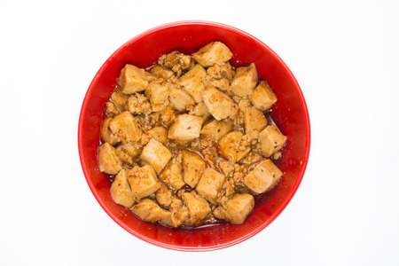 Japan cuisine, tofu and mince with hot spicy sauce isolated on white.の写真素材