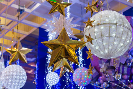 Christmas holiday blinking abstract background with decorated christmas tree.