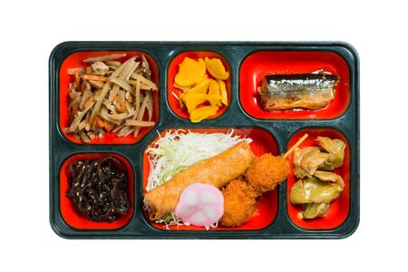Japan Food set of grilled fish and other in a box isolated on white / Japan food (Bento).の写真素材