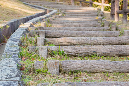 Wooden stairs on hill pathway curve.の写真素材
