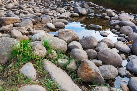 River Stones with green grass in nature.の写真素材