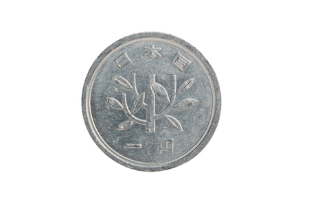 1 yen coin japanese money, close up isolated on white background.の写真素材