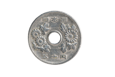 50 yen coin japanese money, close up isolated on white background.の写真素材