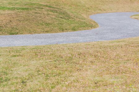 dry grass field with curved walkway road in the park.の写真素材