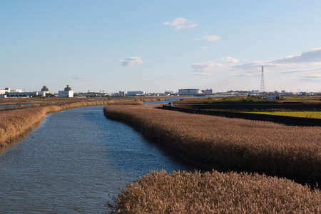 Meadow and river, landscape of autumn sunset time.の写真素材