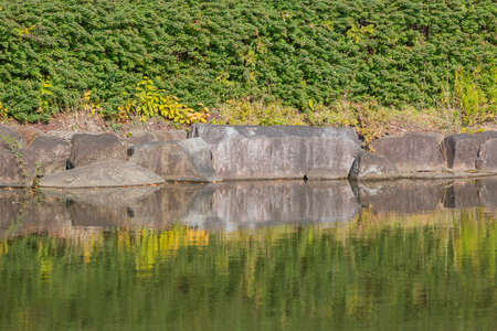 stone cover grass with water reflection.の写真素材