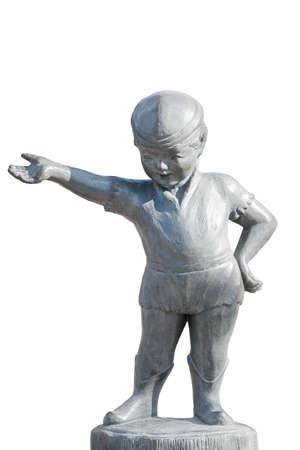 Beautiful stone statue of child show hand, isolated on white.の写真素材