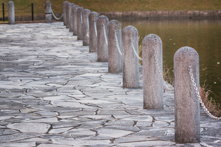 Stone pole and chain fence, prevent falling into water.の写真素材