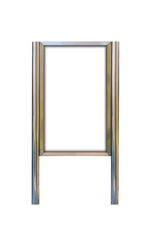 Blank signboard template for text on silver pole, isolated white background.の写真素材