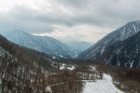 Mountain range in winter, covered snow with dry tree.の写真素材