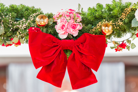 Red ribbon bow decoration for wedding.の写真素材