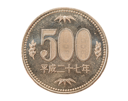 500 yen coin japanese money, close up isolated on white background. object with clipping path.の写真素材