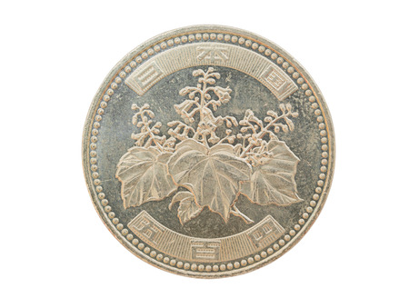 500 yen coin japanese money, close up isolated on white background. object with clipping path.の写真素材