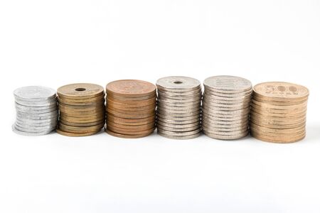 Pile of all coins japanese money, close up on white background.の写真素材