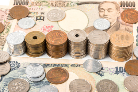 Japanese yen banknotes and coins. Currency of Japan. finance concept.の写真素材