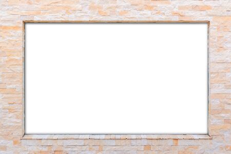 Blank white billboard on red brick wall.の写真素材