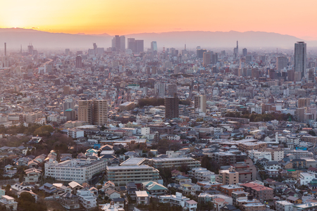 Nagoya cityscape and skyscraper with beautiful sky in twilight timeの写真素材