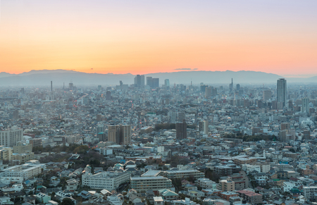 Nagoya cityscape and skyscraper with beautiful sky in twilight timeの写真素材