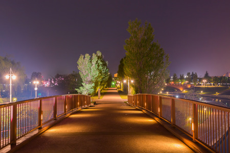 Beautiful architecture building and colorful bridge in twilight time, landmark in toyama japan, Toyama city in night.の写真素材