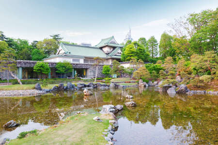 Toyama castle historic landmark in toyama city japan with beautiful garden and reflection in water.のeditorial素材