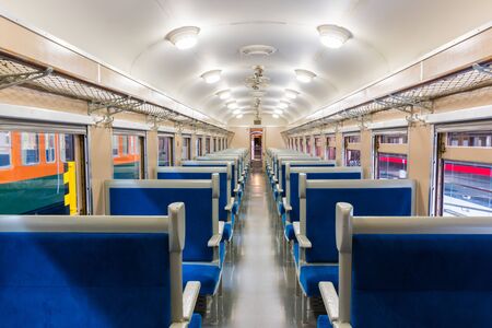 Interior of electric train with empty seats business transportation and travel background. business...