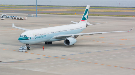 AICHI, JAPAN - JUNE 26, 2016: Cathay Pacific in Chubu Centrair International Airport Japan, Cathay Pacific is the flag carrier of Hong Kong, with its head office and main hub located at Hong Kong International Airport.のeditorial素材