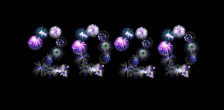 Happy New Year 2020. Creative text Happy New Year 2020 firework isolated on black background for...