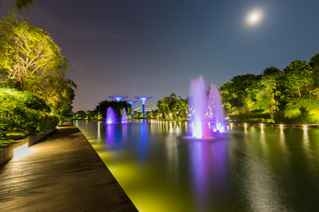 Beautiful night garden in singapore and supertree grove forest illuminated at night. Gardens by the bay, Singapore city.のeditorial素材