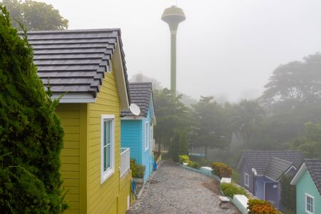 Bungalow resort in nature with  morning fog.の写真素材