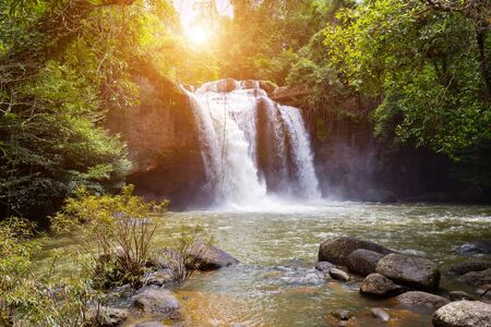 Amazing beautiful waterfalls in deep forest at Haew Suwat Waterfall in Khao Yai National Park, Thailandの写真素材