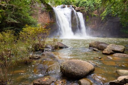 Amazing beautiful waterfalls in deep forest at Haew Suwat Waterfall in Khao Yai National Park, Thailandの写真素材