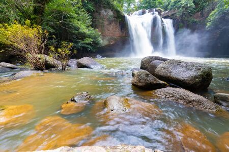 Amazing beautiful waterfalls in deep forest at Haew Suwat Waterfall in Khao Yai National Park, Thailandの写真素材