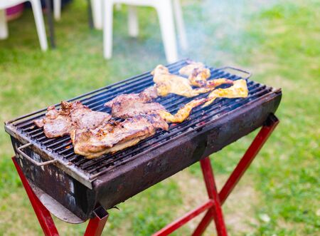 Cooking BBQ meat at festival outdoor in park. Concept of summer party with families and friends.の写真素材
