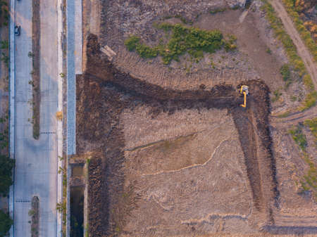 Aerial top view of road and construction space