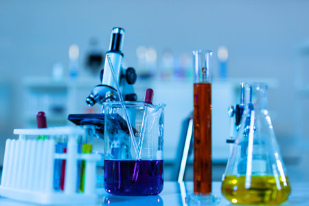 Laboratory Research - Scientific Glassware For Chemical Background with different chemical color.の写真素材