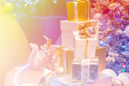 Christmas holiday blinking abstract background with decorated christmas tree.の写真素材