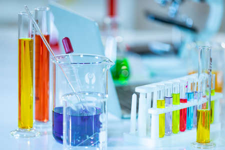 Laboratory Research - Scientific Glassware For Chemical Background with different chemical color.の写真素材