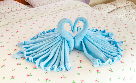 Couple of Blue Swans in Heart Shaped Towel.の写真素材