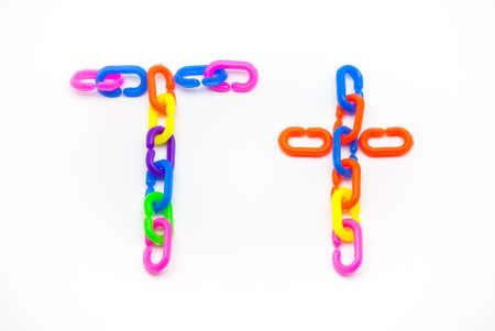 T and t Alphabet, Created by Colorful Plastic Chain.の写真素材