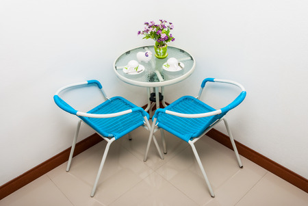 Metal Glass Coffee Table Set in Cornerの写真素材